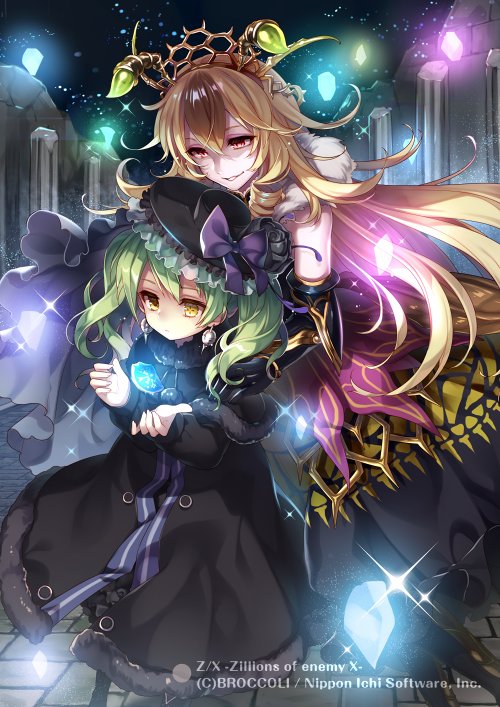 masaru.jp, z/x, official art, 2girls, antennae, arthropod girl, bee girl, black coat, black dress, black gloves, black hat, blonde hair, bow, brown hair, coat, copyright notice, crown, domeki kisara, dress, earrings, fur-trimmed coat, fur trim, gloves, glowing, glowing petals, green hair, hair between eyes, hand on another's shoulder, hat, hat bow, insect girl, insect wings, jewelry, long hair, multicolored hair, multiple girls, petals, purple bow, red eyes, sleeveless, sparkle, twintails, vesparose, wings, yellow eyes