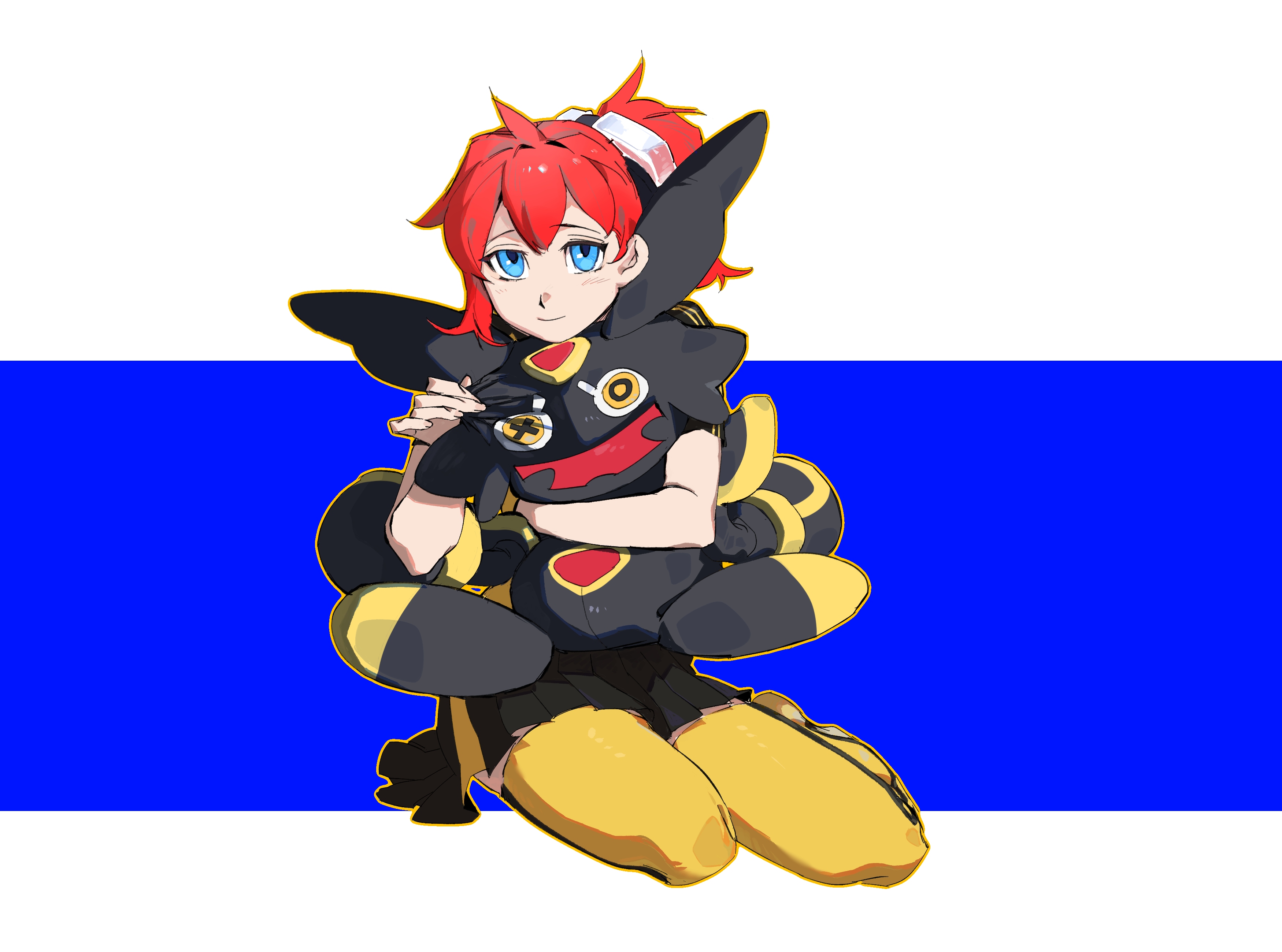 dawu233, aiba ami, alphamon, digimon, digimon story: cyber sleuth, absurdres, highres, 1girl, black shirt, black skirt, blue background, blue eyes, full body, goggles, goggles on head, holding, holding stuffed toy, kneeling, long hair, miniskirt, pleated skirt, red hair, shirt, side ponytail, simple background, skirt, solo, stuffed toy, two-tone shirt, white background, yellow shirt, yellow theme