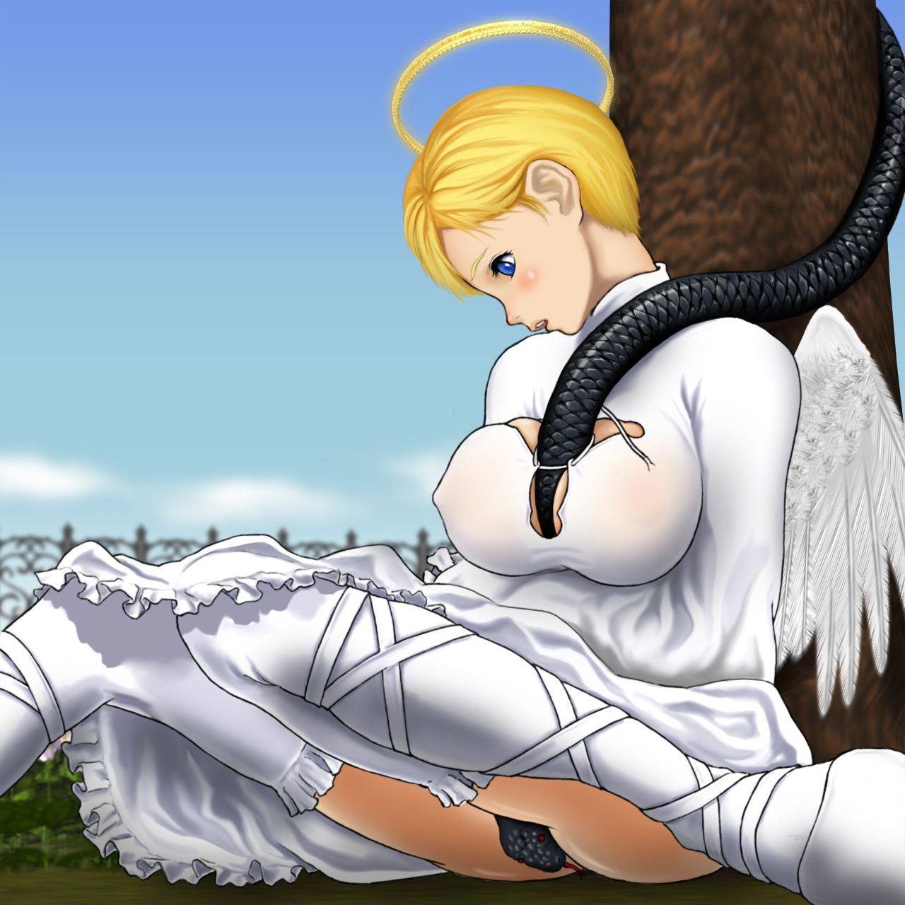 dondo, original, highres, 1girl, angel, angel wings, blonde hair, blue eyes, breasts, cleavage, covered erect nipples, female focus, halo, huge breasts, short hair, snake, solo, thighhighs, wings