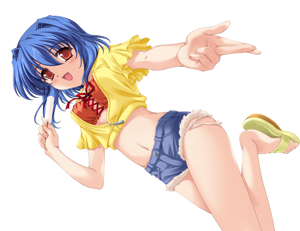 akino takehiko, mizuiro, 00s, 1girl, blue hair, blush, denim, denim shorts, female focus, food, midriff, navel, open mouth, popsicle, red eyes, sandals, shorts, simple background, smile, solo, white background