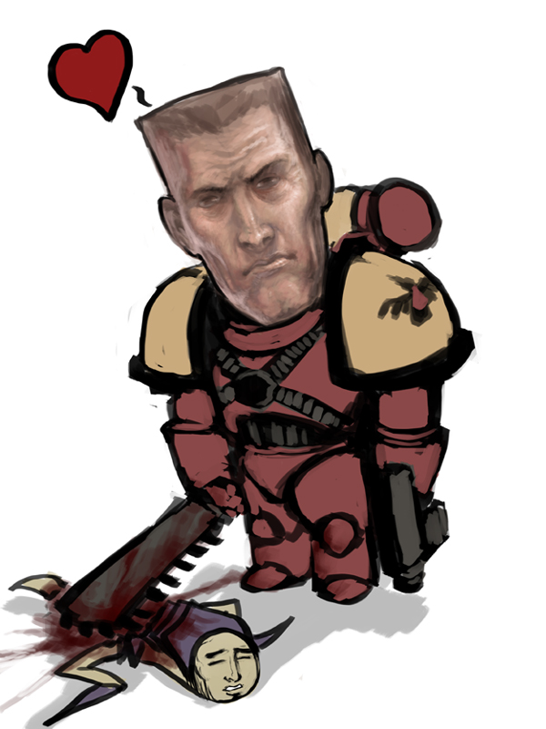 adeptus astartes, blood ravens, tyranid, tyranids, warhammer 40k, source request, 1boy, armor, blood, chainsaw, gun, heart, space marine, sword, weapon, yaranaika