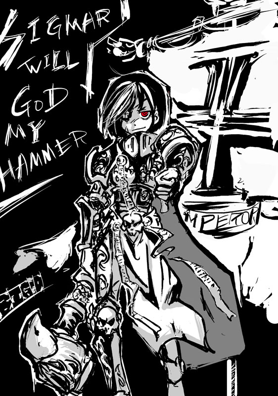 big-d, warhammer fantasy, 1girl, armor, banner, eyepatch, female focus, greyscale, hammer, monochrome, paladin, red eyes, skull, solo, spot color, typo, war hammer, warhammer, weapon