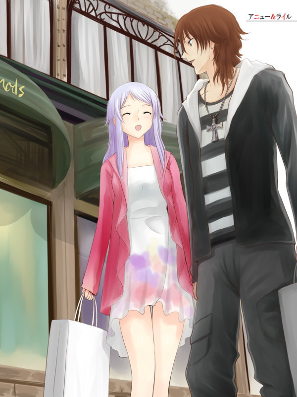 niwatori kokezou, anew returner, lyle dylandy, gundam, gundam 00, light purple hair, striped, 00s, 1boy, 1girl, bag, brown hair, couple, cross, curtains, dating, dress, happy, hetero, hood, hoodie, jewelry, necklace, shopping, smile, window
