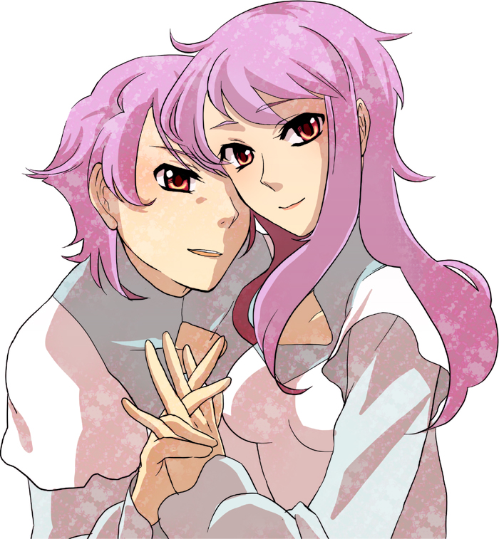 az0212, anew returner, revive revival, gundam, gundam 00, light purple hair, bad id, bad pixiv id, 00s, hand grab, holding hands, long hair, pink eyes, short hair, siblings, smile, twins