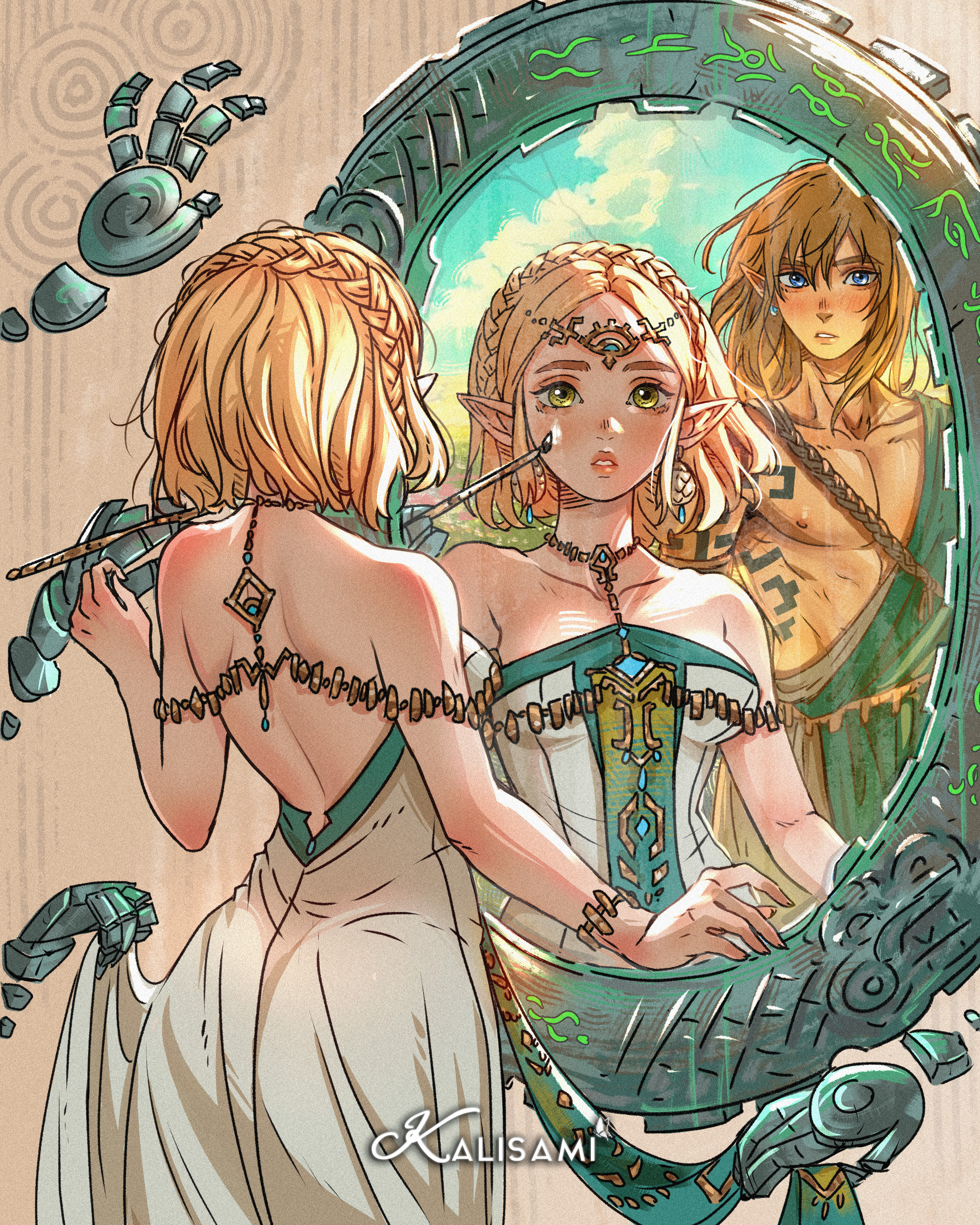 kalisami1, link, princess zelda, nintendo, the legend of zelda, the legend of zelda: tears of the kingdom, absurdres, commentary, english commentary, highres, 1boy, 1girl, artist name, ass, back, bare pectorals, bare shoulders, blonde hair, blue eyes, braid, breasts, chest tattoo, collarbone, crown braid, dress, earrings, green eyes, jewelry, large pectorals, looking at viewer, mirror, muscular, muscular male, necklace, pectorals, pointy ears, pov, reflection, tattoo
