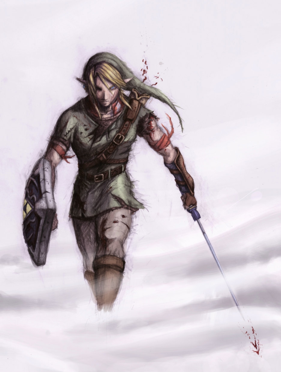 astor alexander, link, nintendo, the legend of zelda, highres, 1boy, blonde hair, blood, gloves, hat, holding, holding sword, holding weapon, hylian shield, injury, male focus, manly, master sword, pointy ears, shield, solo, sword, tunic, weapon
