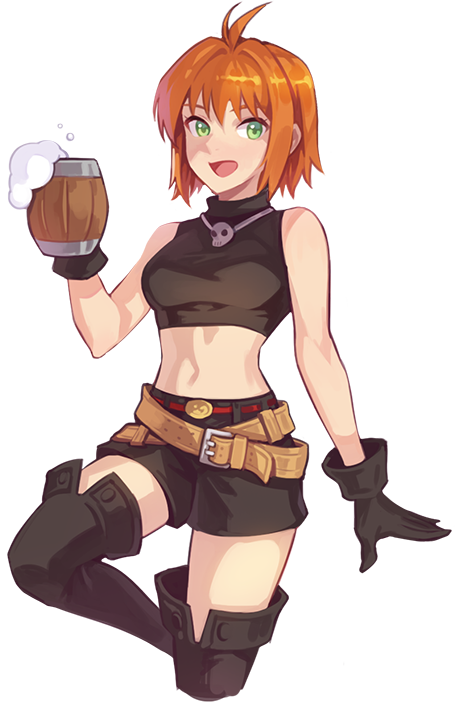 mila nebraska, nexon, tales weaver, artist request, official art, second-party source, 1girl, alcohol, antenna hair, arm at side, bare arms, bare shoulders, beer, belt, belt buckle, belted shorts, black boots, black gloves, black shirt, black shorts, boots, breasts, brown belt, buckle, crop top, cropped legs, cropped shirt, crossed belts, cup, eyelashes, gloves, green eyes, hair intakes, holding, holding cup, jewelry, medium breasts, medium hair, midriff, narrow waist, necklace, open mouth, orange hair, red belt, shirt, shorts, skinny, skull necklace, sleeveless, sleeveless shirt, solo, straight hair, tankard, thigh boots, tight clothes, tight shirt, tongue, turtleneck, turtleneck shirt