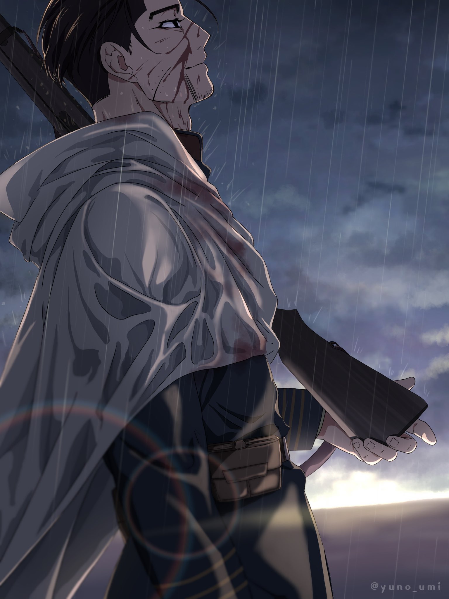 washiko (rasuko), ogata hyakunosuke, golden kamuy, highres, 1boy, adam's apple, bag, black hair, blood, blood on clothes, blood on face, closed mouth, facial hair, goatee stubble, grey cloak, grey sky, gun, male focus, outdoors, rain, rifle, satchel, scar, scar on face, short hair, sky, solo, stubble, weapon