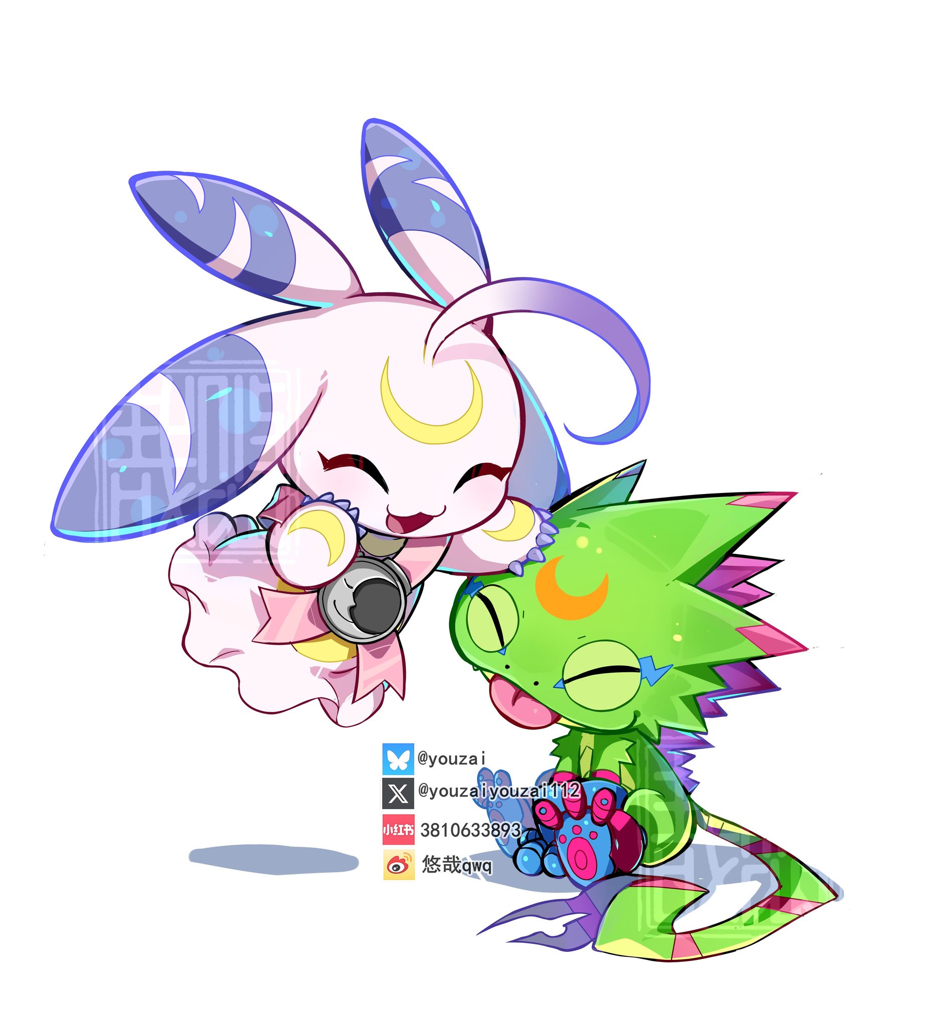 youzaiyouzai112, gekkomon, lunamon, digimon, commentary, highres, symbol-only commentary, :3, closed eyes, crescent, digimon (creature), facial mark, forehead mark, gecko, midair, open mouth, rabbit, simple background, sitting, tongue, tongue out, trait connection, white background