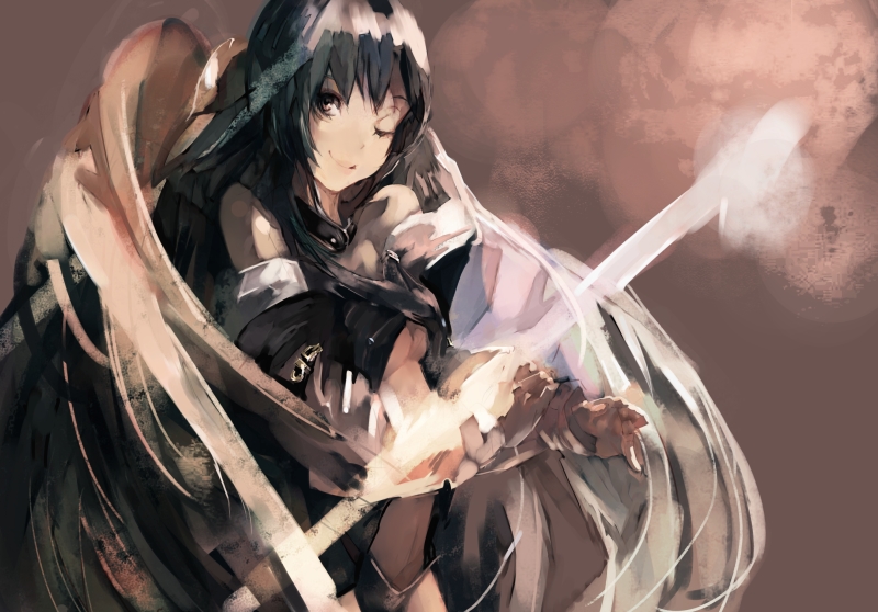 salada, dizzy (guilty gear), arc system works, guilty gear, 1girl, asymmetrical wings, blue hair, bow, breasts, female focus, hair bow, long hair, midriff, one eye closed, ribbon, solo, underboob, wings, wink