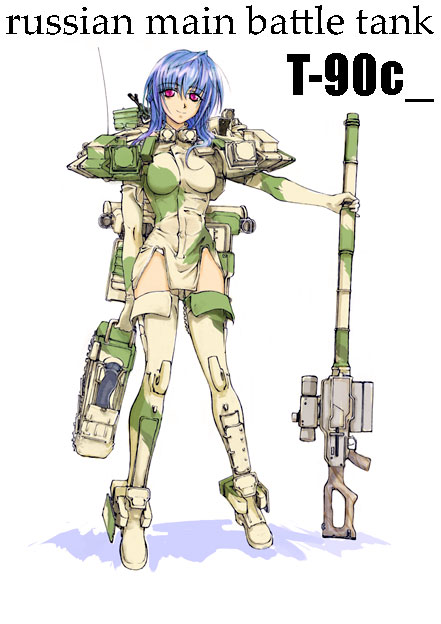sumisi, t-90, original, vehicle, 1girl, female focus, gun, mecha musume, military, military vehicle, motor vehicle, personification, red eyes, solo, tank, thighhighs, weapon, zettai ryouiki