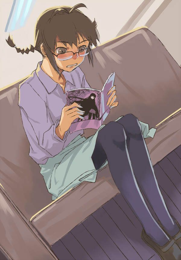 inu (aerodog), akizuki ritsuko, female protagonist (houkago play), houkago play, idolmaster, idolmaster (classic), idolmaster 1, 00s, 1girl, blush, book, braid, brown eyes, brown hair, clenched teeth, female focus, glasses, open book, pantyhose, reading, solo, teeth