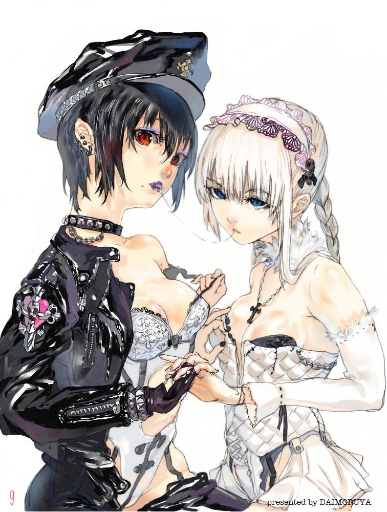 daimoruya, original, 2girls, angel and devil, bare shoulders, black hair, black theme, black vs white, blonde hair, blue eyes, braid, breasts, choker, corset, cross, detached sleeves, dress, ear piercing, earrings, fingerless gloves, gloves, grabbing another's breast, groping, hairband, hat, holding hands, jacket, jewelry, leather, leather jacket, lipstick, makeup, medium breasts, multiple girls, necklace, newsboy cap, piercing, red eyes, saliva, short hair, single braid, twin braids, white background, white hair, white theme, yuri