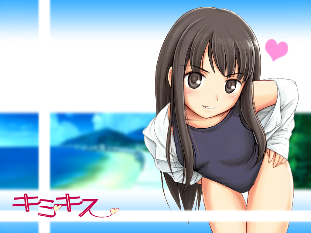 futami eriko, kimi kiss, artist request, 1girl, black one-piece swimsuit, copyright name, female focus, heart, no pants, one-piece swimsuit, open clothes, open shirt, school swimsuit, shirt, solo, swimsuit, swimsuit under clothes