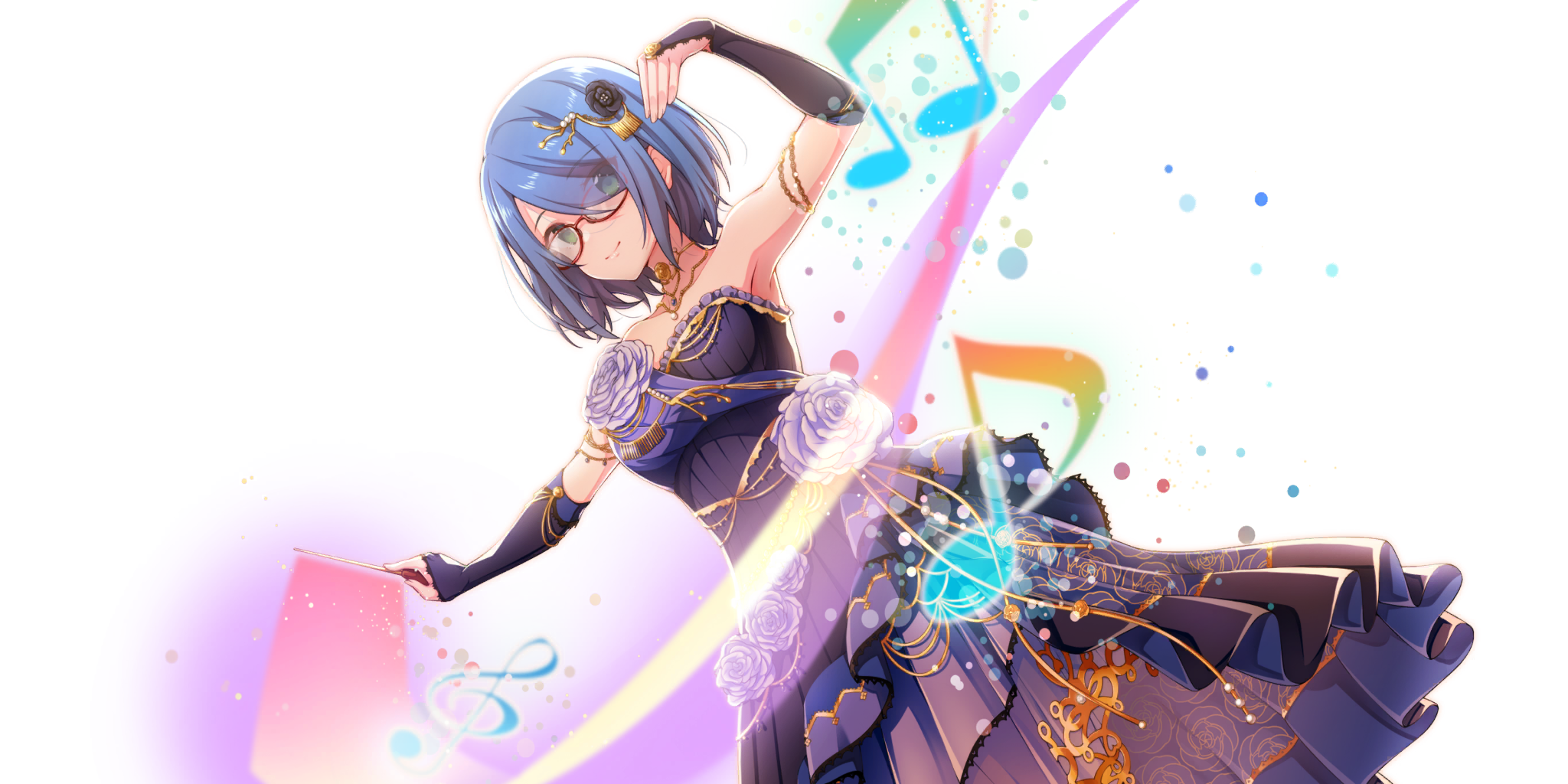 chloe (lapis re:lights), lapis re:lights, game cg, highres, official art, third-party source, 1girl, armpits, arms up, beamed eighth notes, black dress, black flower, black gloves, black rose, blue hair, breasts, closed mouth, conductor baton, corsage, dress, dutch angle, eighth note, elbow gloves, flower, glasses, gloves, green eyes, hair flower, hair ornament, hair over one eye, holding baton, looking at viewer, medium breasts, musical note, red-framed eyewear, rose, short hair, simple background, smile, solo, strapless, strapless dress, transparent background, treble clef, white flower, white rose