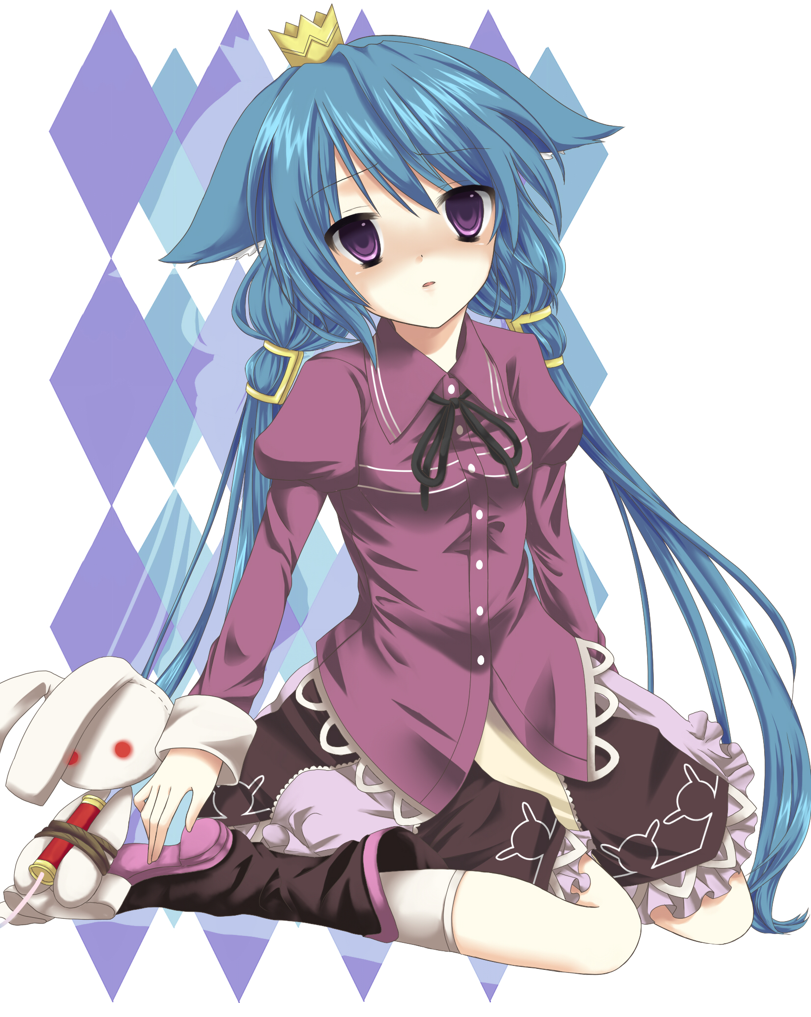 momomeno (7th dragon), princess (7th dragon), 7th dragon, 7th dragon (series), original, bad id, bad pixiv id, highres, 1girl, animal ears, blue hair, boots, crown, dress, female focus, long hair, purple eyes, rabbit, ribbon, sitting, skirt, solo, stuffed animal, stuffed rabbit, stuffed toy, twintails, very long hair