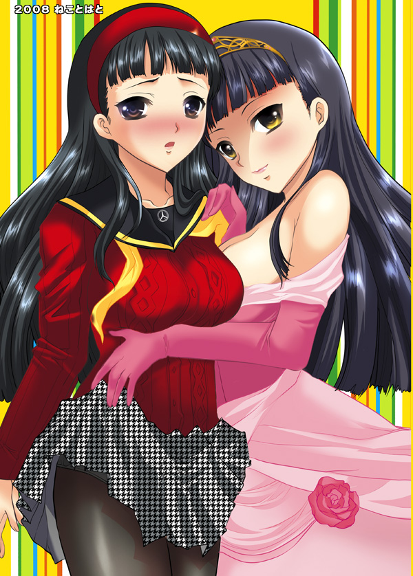 hato ya, amagi yukiko, shadow (persona), shadow yukiko, atlus, megami tensei, persona, persona 4, shin megami tensei, bad id, bad pixiv id, 2girls, black eyes, black hair, blush, breasts, clothes lift, dark persona, dress, dual persona, hairband, long hair, multiple girls, panties, panties under pantyhose, pantyhose, selfcest, skirt, skirt lift, tiara, underwear, yellow eyes, yuri