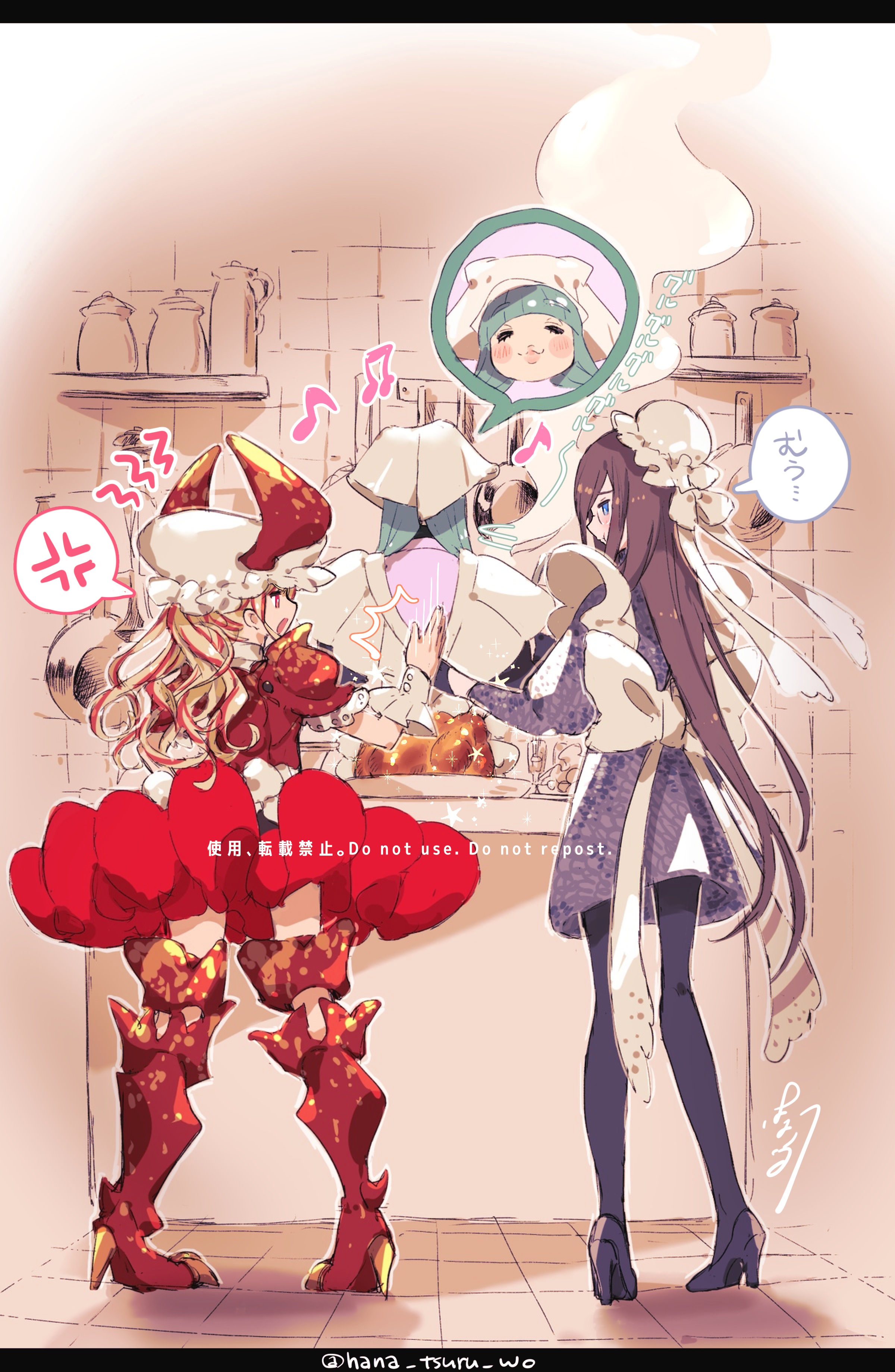sugomori tsuru (hana tsuru wo), original, absurdres, commission, highres, skeb commission, 3girls, anger vein, apron, black hair, black pantyhose, blonde hair, blue eyes, bow, dress, food, from behind, glasses, green hair, hat, headscarf, high heels, horns, leg armor, long hair, maid, maid apron, mob cap, multicolored hair, multiple girls, musical note, pantyhose, purple dress, red dress, red eyes, red hair, scarf, streaked hair, white bow, white scarf