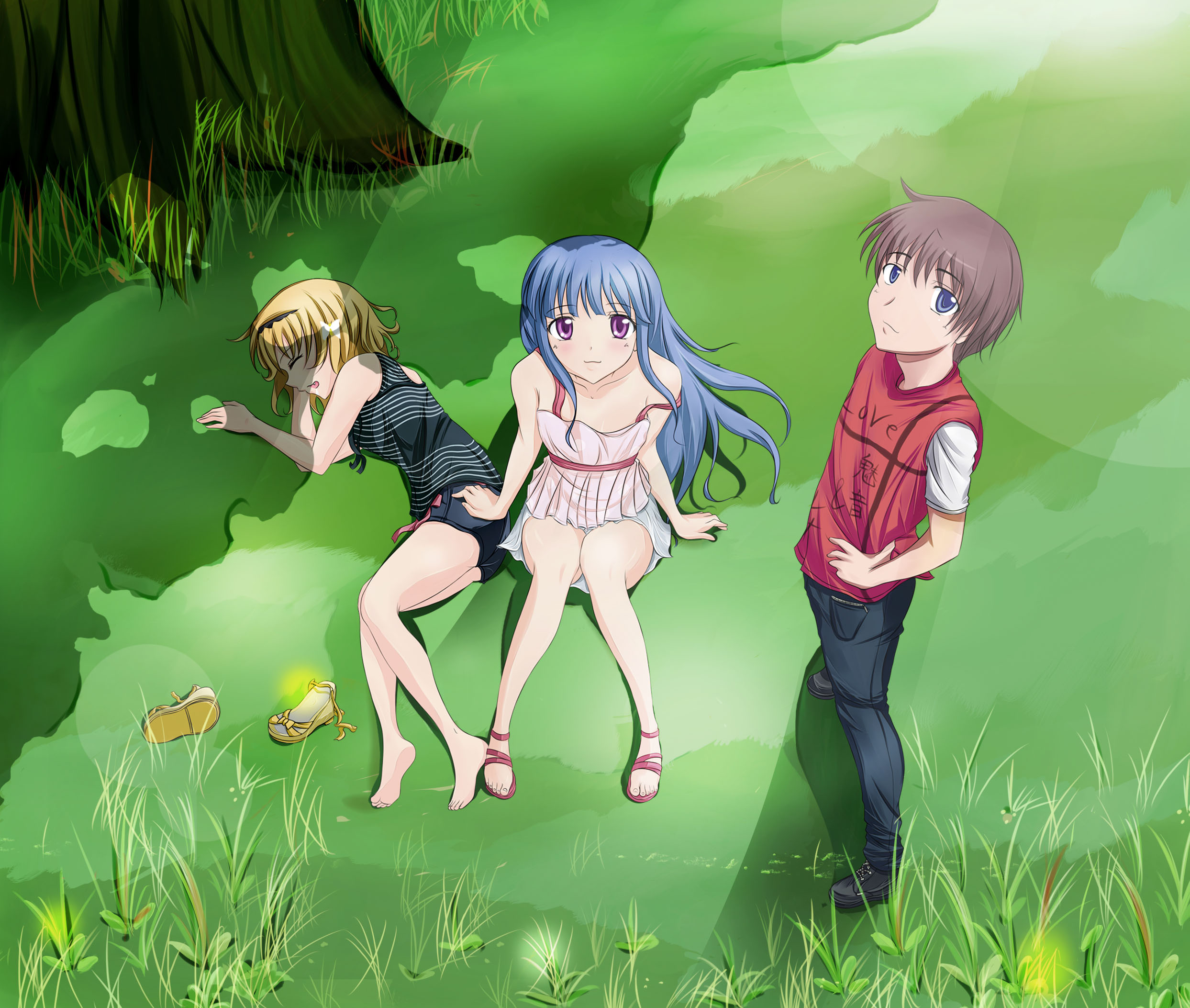 surprise (artist), surprise (tishik18), furude rika, houjou satoko, maebara keiichi, higurashi no naku koro ni, highres, 00s, 1boy, 2girls, alternate costume, barefoot, blonde hair, fang, feet, grass, looking up, lying, multiple girls, nature, sleeping, soles, toes