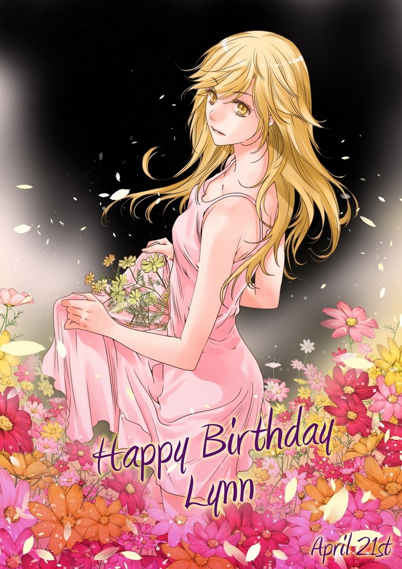 ratana satis, commentary, english commentary, second-party source, 1girl, bare arms, bare shoulders, black background, blonde hair, breasts, character name, cosmos (flower), dated, dress, falling petals, flower, happy birthday, long hair, lynn wiles (pulse), orange flower, parted lips, petals, pink dress, pink flower, pulse (ratana satis), red flower, skirt basket, skirt hold, sleeveless, small breasts, solo, yellow eyes, yellow flower
