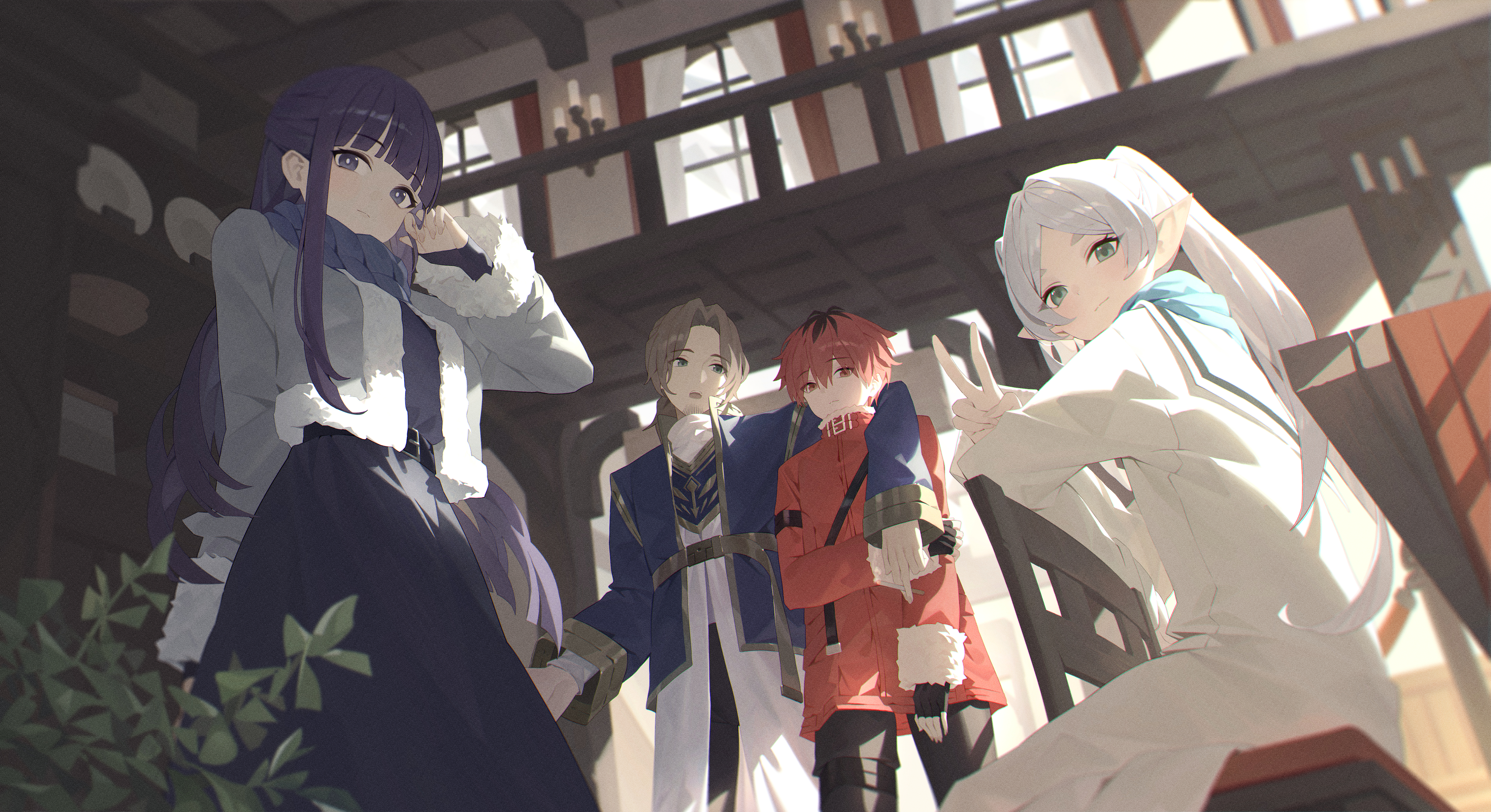 pozi, fern (sousou no frieren), frieren, sein (sousou no frieren), stark (sousou no frieren), sousou no frieren, absurdres, commentary request, highres, 2boys, 2girls, alternate costume, arm around neck, arm at side, beard, belt, belt buckle, black belt, black gloves, black pants, blue jacket, blue scarf, bright pupils, brown belt, brown hair, buckle, chair, closed mouth, coat, curtained hair, double-parted bangs, dress, elf, facial hair, film grain, fingerless gloves, forehead, fur-trimmed jacket, fur trim, gloves, grey eyes, grey hair, grey jacket, hair between eyes, half updo, hand up, indoors, jacket, long bangs, long hair, long sidelocks, long sleeves, looking at viewer, multiple boys, multiple girls, no earrings, on chair, open mouth, pants, pointy ears, purple eyes, purple hair, purple scarf, purple shirt, purple skirt, red coat, red eyes, red hair, robe, sailor collar, scarf, shirt, short hair, sidelocks, sitting, skirt, thigh strap, twintails, v, very long hair, very short hair, white dress, white pupils, white robe, white sailor collar