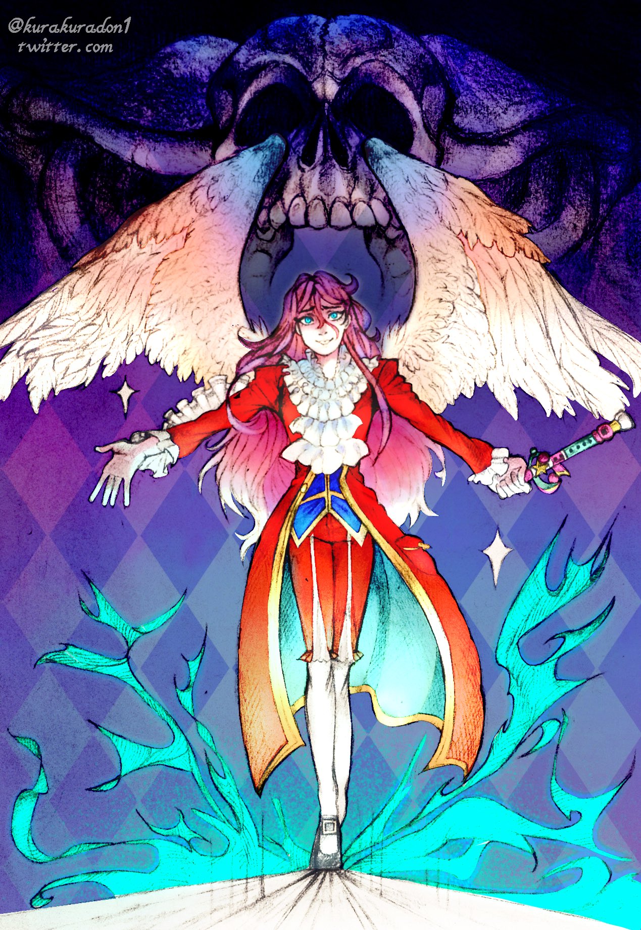 wolfgang amadeus mozart (classicaloid), classicaloid, highres, 1boy, ascot, black shoes, blue eyes, blue fire, blue vest, coat, fire, full body, giant skeleton, hair between eyes, holding baton, kurakuradon, long hair, male focus, outstretched arms, pants, pink hair, purple background, red coat, red pants, shoes, socks, solo, spread arms, twitter username, vest, white ascot, white socks, white wings, wings