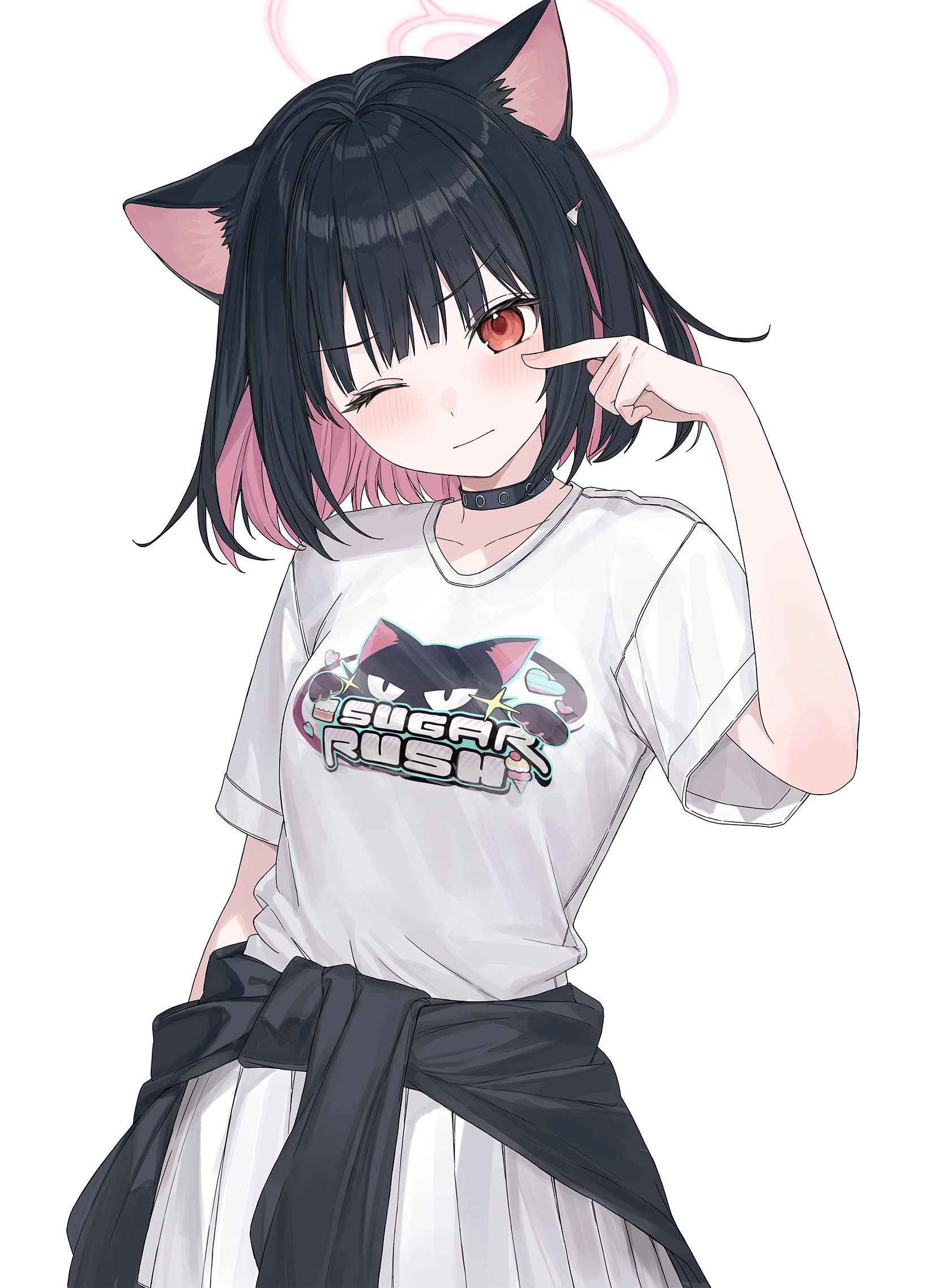 karyln, kazusa (blue archive), blue archive, commentary, highres, 1girl, animal ear fluff, animal ears, black choker, black hair, black jacket, blush, breasts, cat ears, choker, closed mouth, clothes around waist, collarbone, colored inner animal ears, colored inner hair, cowboy shot, finger to eye, hair ornament, hairclip, head tilt, jacket, jacket around waist, medium breasts, medium hair, multicolored hair, one eye closed, pink hair, pleated skirt, print shirt, red eyes, shirt, short sleeves, simple background, skirt, solo, t-shirt, white background, white shirt, white skirt