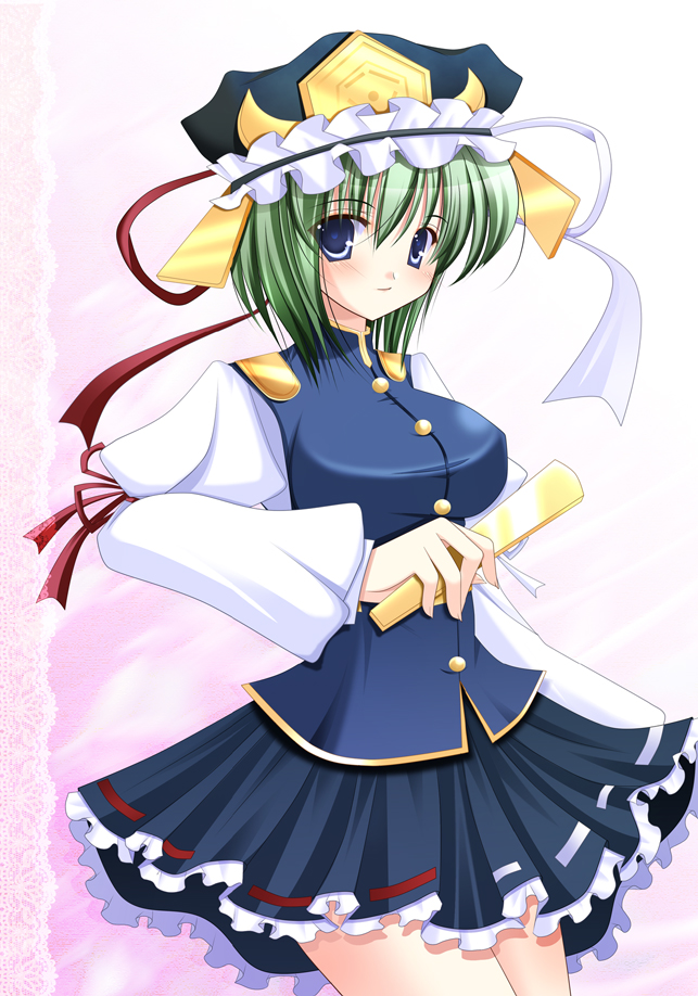 hiyori-o, hiyori (nyatto), shiki eiki, touhou, bad id, bad pixiv id, 1girl, blue eyes, female focus, green hair, rod of remorse, solo