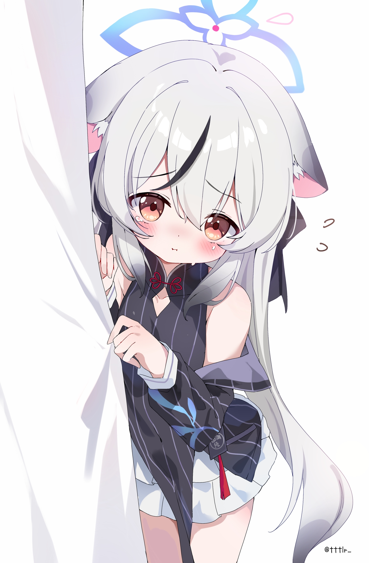 tttlr, kokona (blue archive), blue archive, commentary request, highres, 1girl, animal ear fluff, animal ears, black bow, black dress, black hair, black jacket, blue halo, bow, brown eyes, china dress, chinese clothes, closed mouth, clothing cutout, covered navel, crying, crying with eyes open, curtain grab, curtains, diamond cutout, dress, flying sweatdrops, furrowed brow, grey hair, hair bow, halo, jacket, long hair, looking at viewer, multicolored hair, open clothes, open jacket, peeking out, pelvic curtain, side slit, simple background, sleeveless, sleeveless dress, solo, tears, tiger ears, tiger girl, two-tone hair, white background