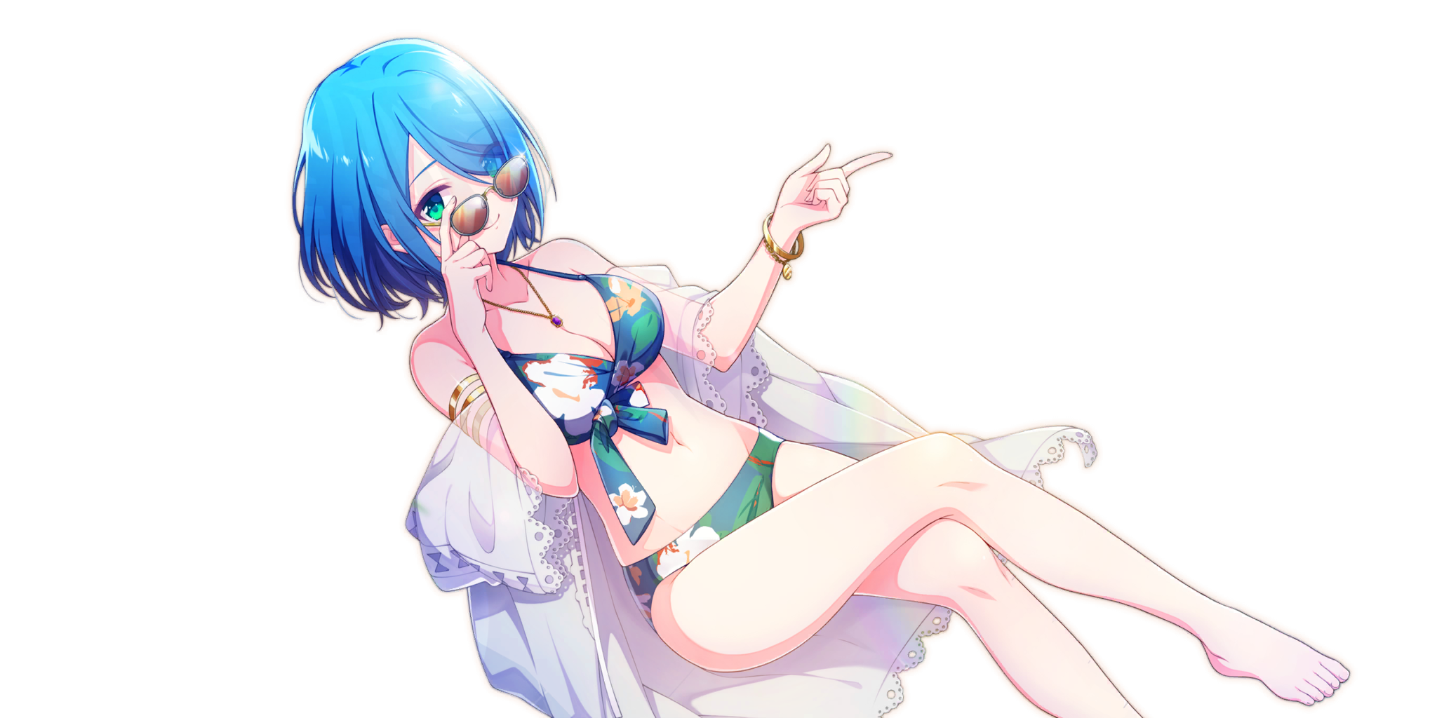 chloe (lapis re:lights), lapis re:lights, game cg, highres, official art, third-party source, 1girl, adjusting eyewear, armlet, barefoot, bikini, blue hair, bracelet, breasts, cleavage, closed mouth, crossed legs, floral print, floral print bikini, frilled shirt, frills, gem, gold bracelet, green bikini, green eyes, groin, hair over one eye, index finger raised, jewelry, looking at viewer, medium breasts, navel, necklace, open clothes, open shirt, print bikini, purple gemstone, reclining, see-through clothes, see-through shirt, shirt, short hair, simple background, smile, solo, sungalsses, swimsuit, transparent background, white shirt