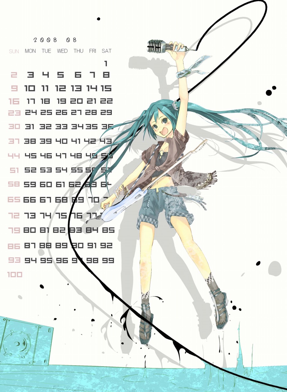 hatsune miku, vocaloid, highres, aqua eyes, aqua hair, blush, calendar, guitar, instrument, jacket, jumping, long hair, microphone, shorts, solo, twintails, very long hair