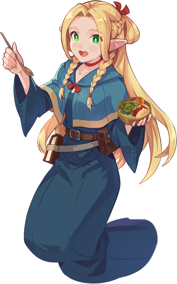 marcille donato, dungeon meshi, artist request, official art, second-party source, 1girl, aqua capelet, aqua hood, belt, belt buckle, belt pouch, blonde hair, blue dress, blue sleeves, blush, book, bow, bowl, braid, bright pupils, brown belt, buckle, capelet, capelet bow, carrot, choker, corn, cross-laced clothes, cross-laced dress, cross-laced sleeves, dress, elf, eyes visible through hair, food, forehead, furisode sleeves, green eyes, hair between eyes, hair bow, hair intakes, hair over breasts, hair tie, half up half down braid, holding, holding bowl, holding ladle, hood, hood down, hooded capelet, ladle, lettuce, long hair, long sleeves, looking at viewer, open mouth, pointy ears, pouch, red bow, red choker, simple background, solo, soup, soup ladle, straight hair, teeth, tongue, transparent background, twin braids, upper teeth only, very long hair, white pupils, wide sleeves