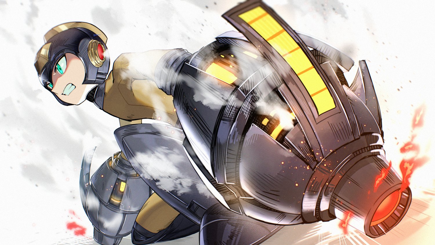yasaikakiage, mega man (character), mega man (classic), mega man (series), nintendo, super smash bros., 1boy, arm cannon, black helmet, bodysuit, dual wielding, full body, green eyes, helmet, holding, on one knee, robot boy, simple background, solo, weapon, white background, yellow bodysuit