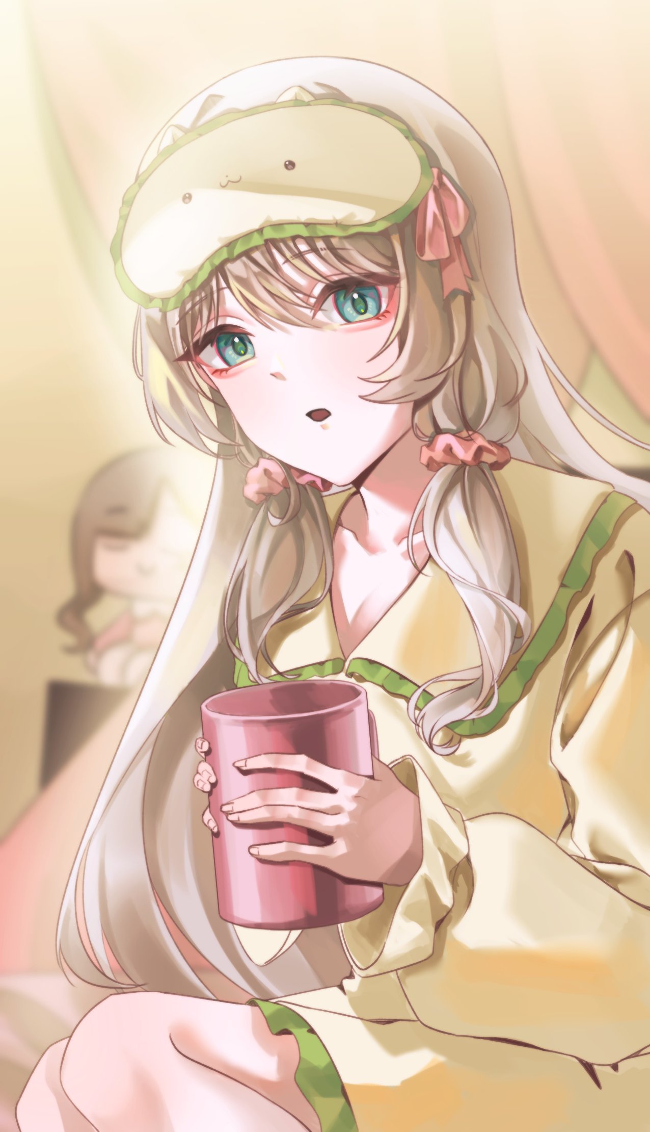 greatyoruka63, ak-12 (girls' frontline), an-94 (girls' frontline), girls' frontline, artist collaboration, commentary request, highres, korean commentary, 1girl, aegyo sal, alternate costume, aqua eyes, bedroom, blouse, blurry, blurry background, cameo, character doll, cowboy shot, cup, doll, expressionless, frilled shirt collar, frilled shorts, frilled sleeves, frills, hair ornament, hair scrunchie, holding, holding cup, indoors, low-tied sidelocks, mug, on bed, pajamas, parted lips, pink scrunchie, scrunchie, shirt, shorts, sidelocks, sitting, sleep mask, solo, two-handed, white hair, yellow pajamas, yellow shirt, yellow shorts, yokozuwari
