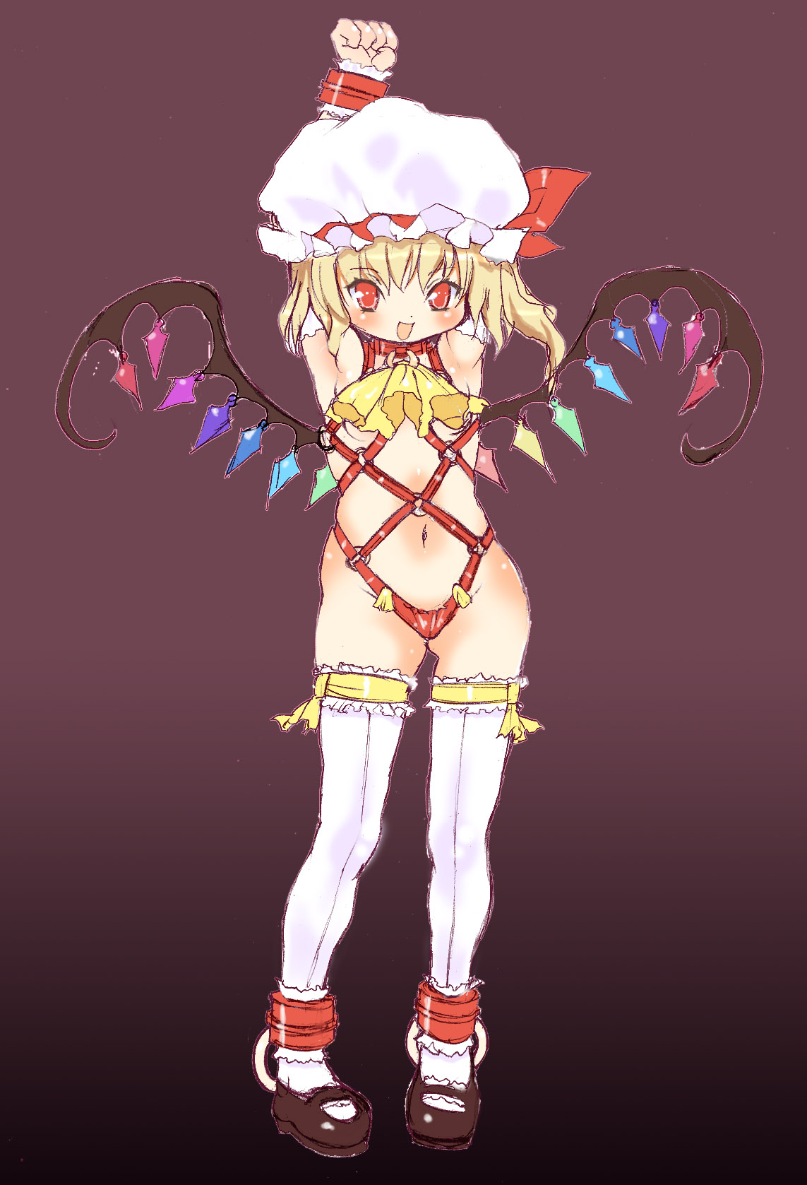 dei shirou, flandre scarlet, touhou, touhou tag dream, highres, 1girl, armpits, bdsm, blonde hair, blush, bondage, bound, censored, collar, convenient censoring, elbow gloves, female focus, flat chest, gloves, hat, loli, mary janes, red eyes, ribbon, shoes, short hair, smile, solo, strap, strap teddy, thighhighs, wings
