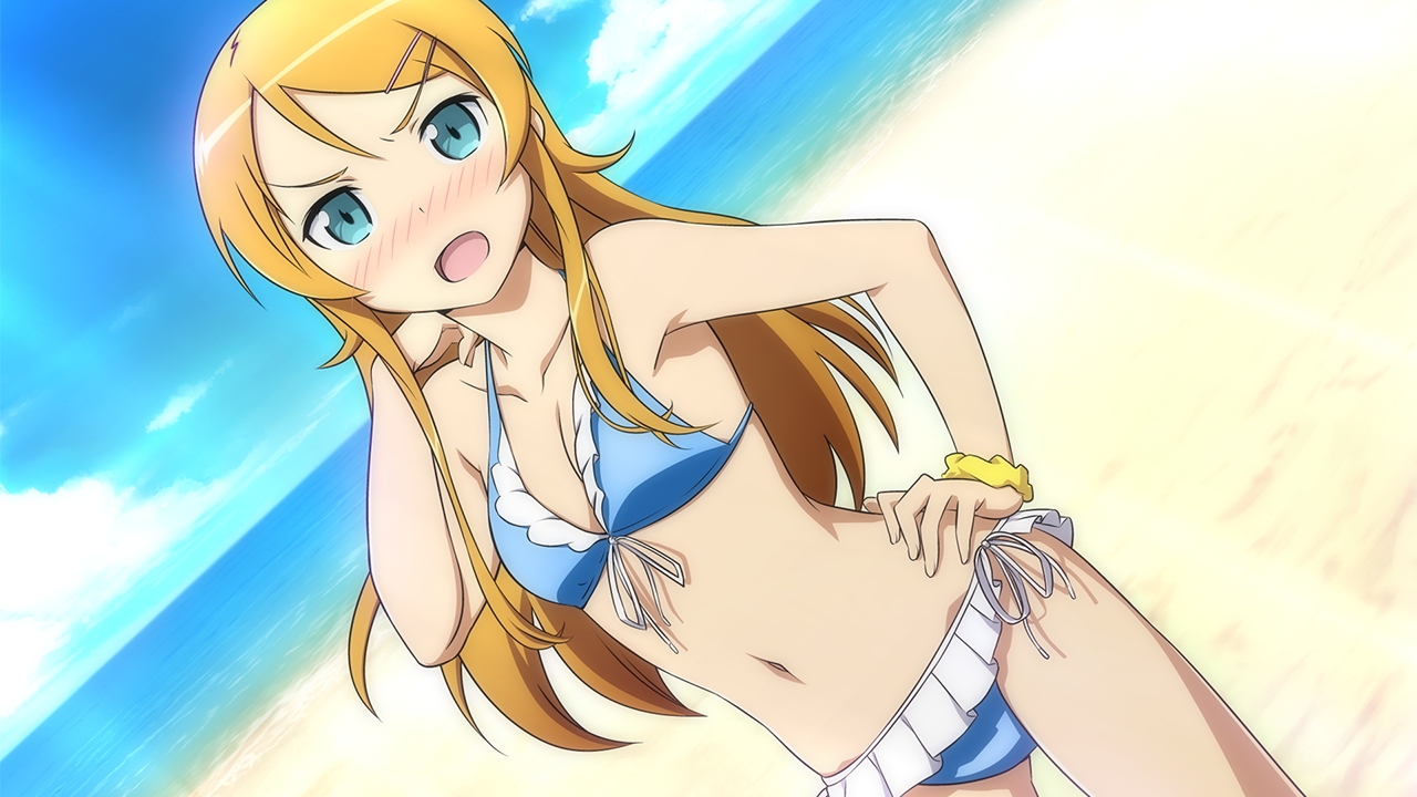 kousaka kirino, ore no imouto ga konna ni kawaii wake ga nai, game cg, official art, 1girl, :d, beach, bikini, blue bikini, blue eyes, blue sky, blush, bracelet, cloud, day, dutch angle, frilled bikini, frills, front-tie bikini top, front-tie top, hair ornament, hairclip, hand on own hip, horizon, jewelry, long hair, navel, ocean, open mouth, orange hair, outdoors, scrunchie, side-tie bikini bottom, sky, smile, solo, swimsuit, wrist scrunchie, yellow scrunchie