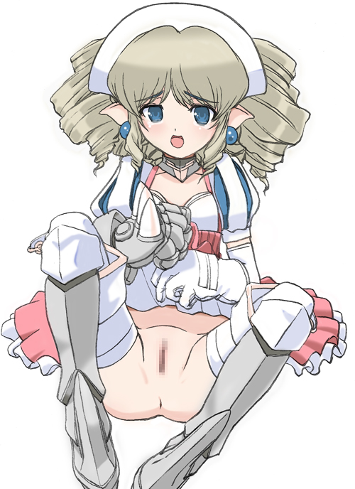 ryuu ryuu, iron princess ymir, ymir (queen's blade), queen's blade, 00s, 1girl, anus, armor, blonde hair, blue eyes, boots, censored, clothes lift, dress, drill hair, elbow gloves, female focus, flat chest, gauntlets, gloves, hairband, loli, mosaic censoring, no panties, pointy ears, pussy, sitting, skirt, skirt lift, solo, thighhighs