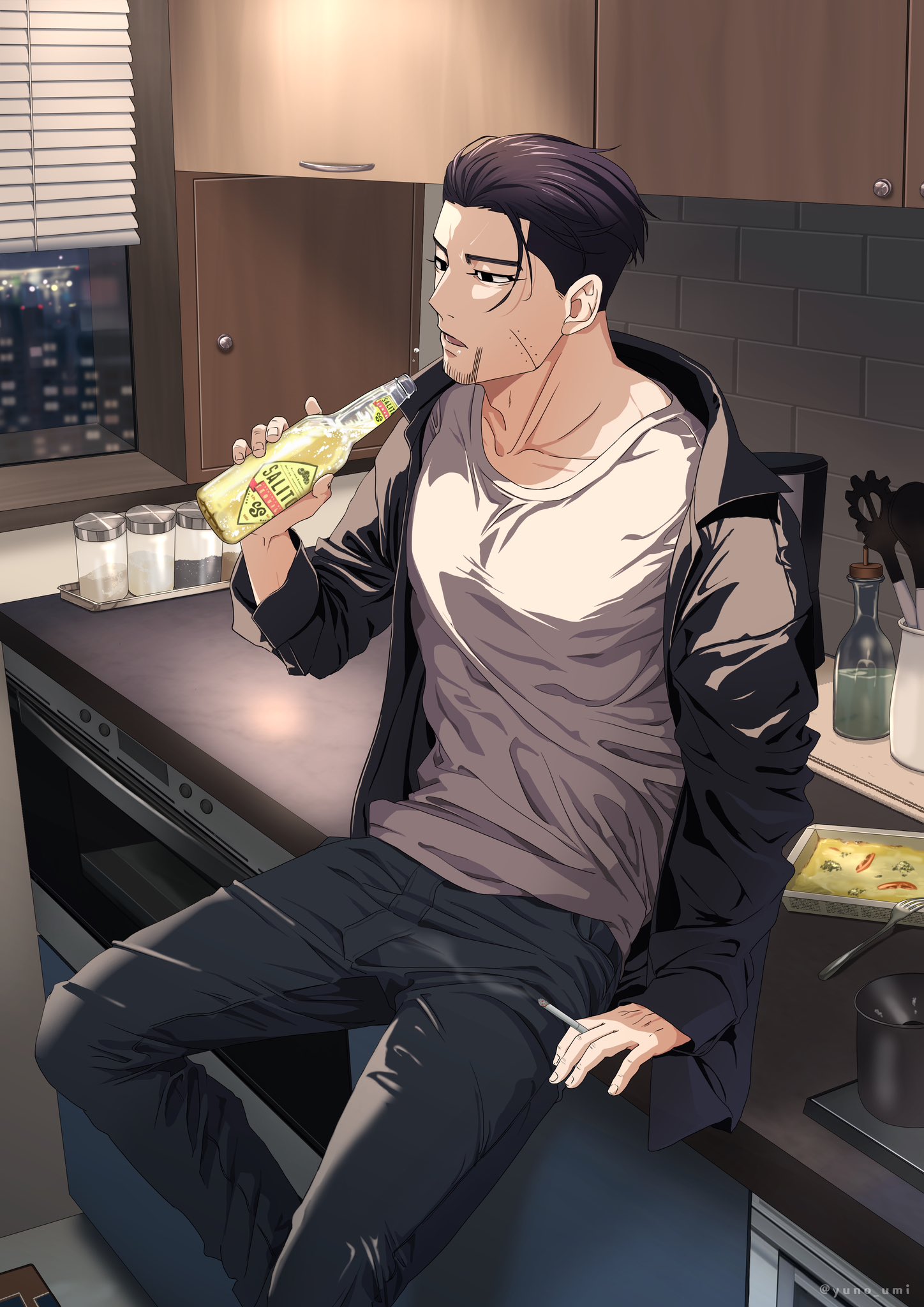 washiko (rasuko), ogata hyakunosuke, golden kamuy, highres, 1boy, adam's apple, alcohol, black eyes, black hair, black pants, bottle, cigarette, collarbone, contemporary, cupboard, facial hair, feet out of frame, goatee stubble, grey shirt, holding, holding bottle, looking ahead, male focus, open mouth, oven, pants, parted lips, salt, scar, scar on face, shirt, short hair, sideburns, sitting, smoking, solo, stubble, tv dinner, window, window blinds