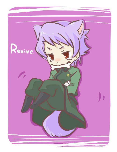 nori senbei, revive revival, gundam, gundam 00, bad id, bad pixiv id, 00s, 1boy, animal ears, bone, dog ears, innovators (gundam 00), male focus, purple hair, red eyes, solo