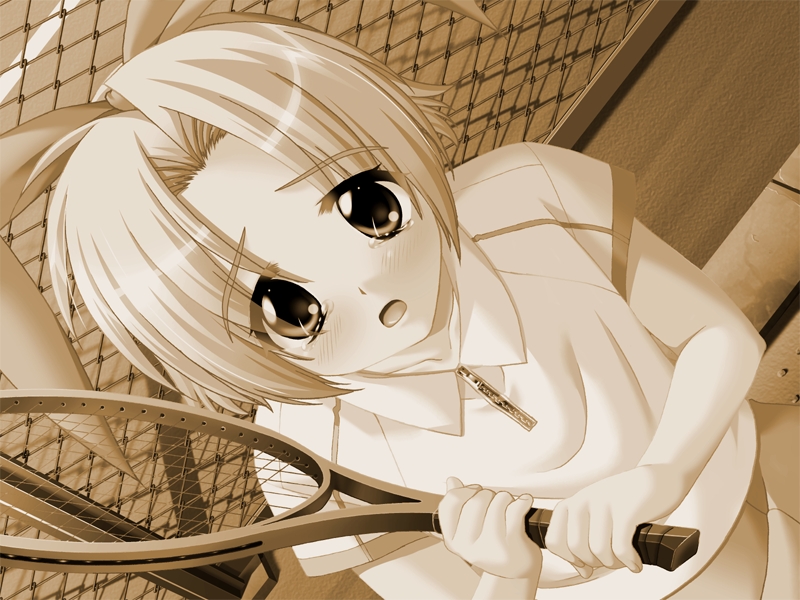 mizushima oonari, minamiyama remon, school heaven, game cg, non-web source, 1girl, dutch angle, female focus, hairband, monochrome, racket, sepia, short hair, solo, tears, tennis racket
