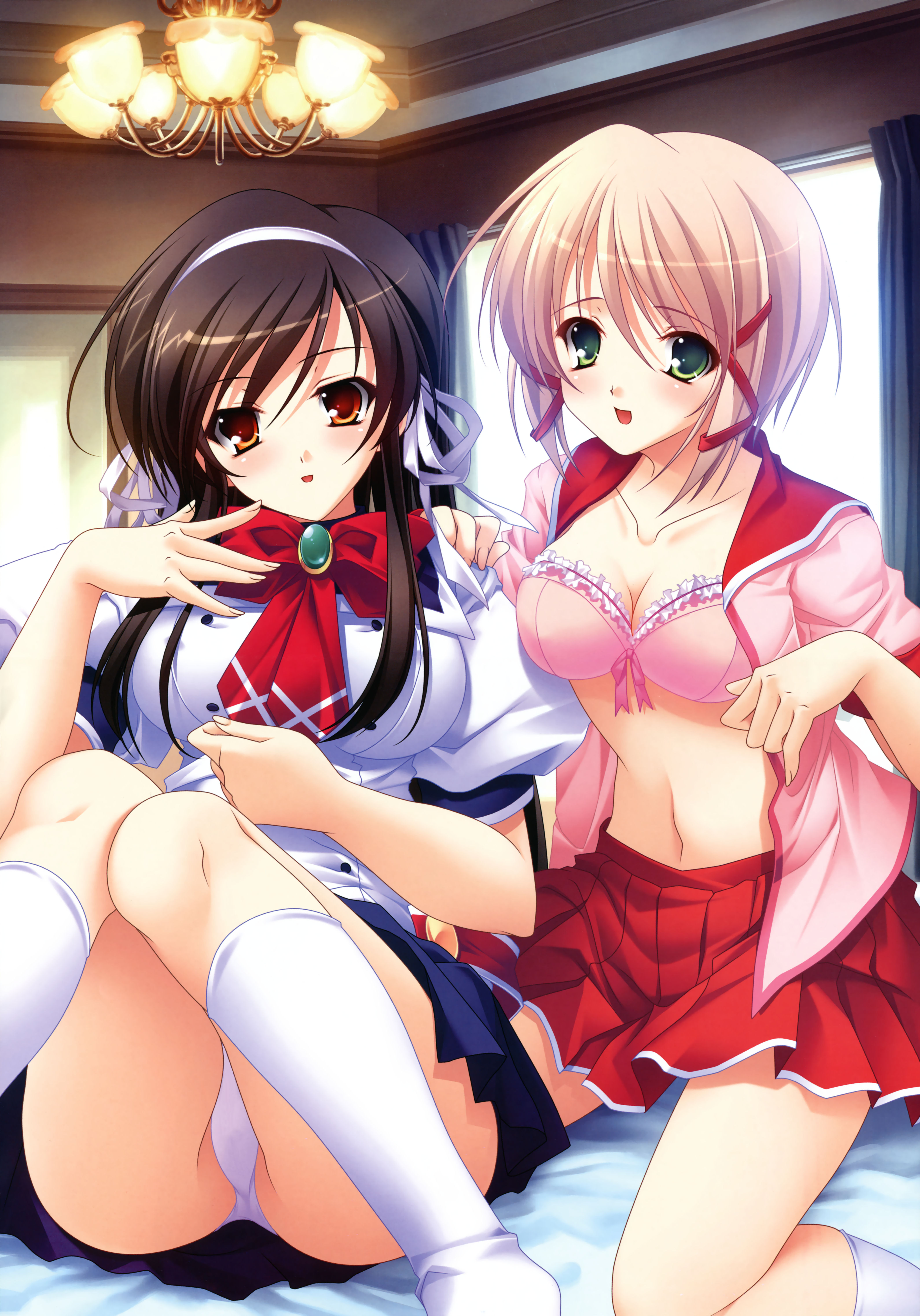 satou satoru, shidou risa, tachibana misato (tsun na kanojo dere na kanojo), tsun na kanojo dere na kanojo, absurdres, highres, 2girls, blonde hair, blush, bra, breasts, brown hair, cleavage, green eyes, kneehighs, lingerie, multiple girls, orange eyes, panties, school uniform, socks, underwear, white socks