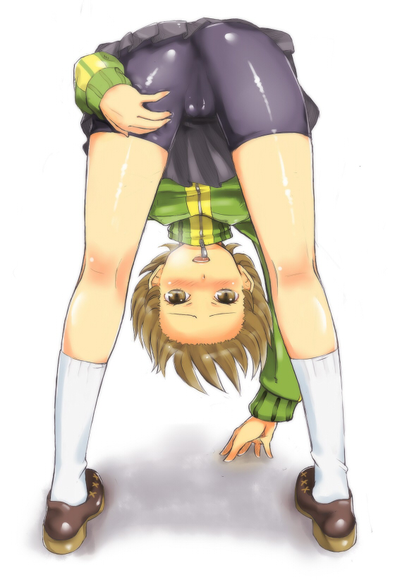 em (totsuzen no hakike), satonaka chie, atlus, persona, persona 4, 1girl, ass, bend, bent over, bike shorts, brown eyes, brown hair, cameltoe, female focus, hands reach floor, jacket, kneepits, looking through own legs, short hair, skirt, socks, solo, standing, top-down bottom-up, track jacket, upside-down