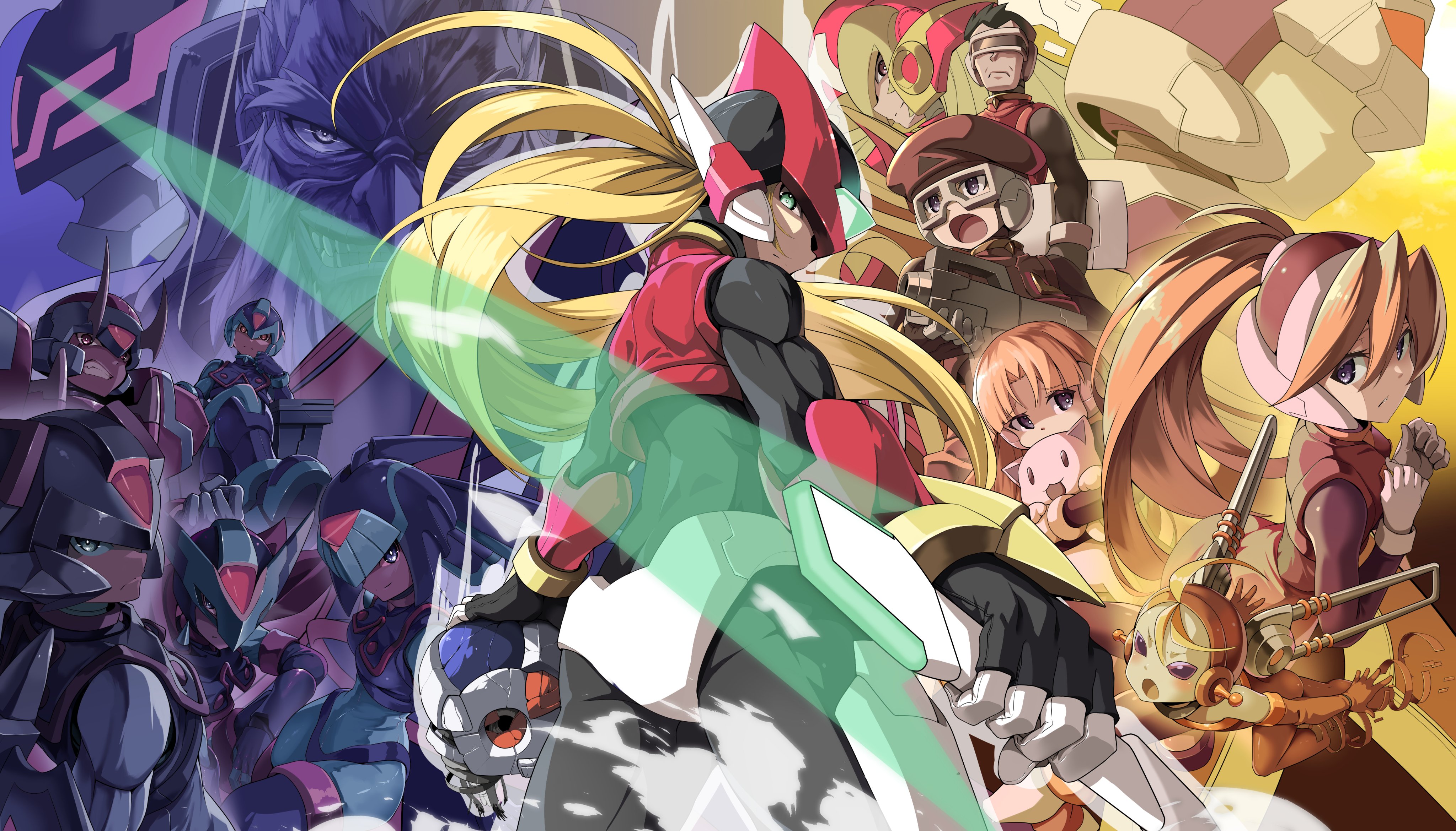 zelitto, alouette (mega man), cerveau (mega man), copy x (mega man), cyber elf x (mega man), dr. weil (mega man), elpizo (mega man), fairy leviathan (mega man), fighting fefnir (mega man), omega (mega man), pantheon (mega man), sage harpuia (mega man), x (mega man), zero(z) (mega man), zero (mega man), mega man (series), mega man zero (series), absurdres, highres, 4girls, 6+boys, android, armor, blonde hair, cowboy shot, crossed legs, energy sword, forehead jewel, from behind, glowing, head-mounted display, helmet, high ponytail, holding, holding stuffed toy, holding sword, holding weapon, long hair, looking at viewer, looking back, multiple boys, multiple girls, pink shirt, ponytail, red armor, red helmet, scarf, shirt, sitting, stuffed animal, stuffed cat, stuffed toy, sword, throne, weapon, z saber