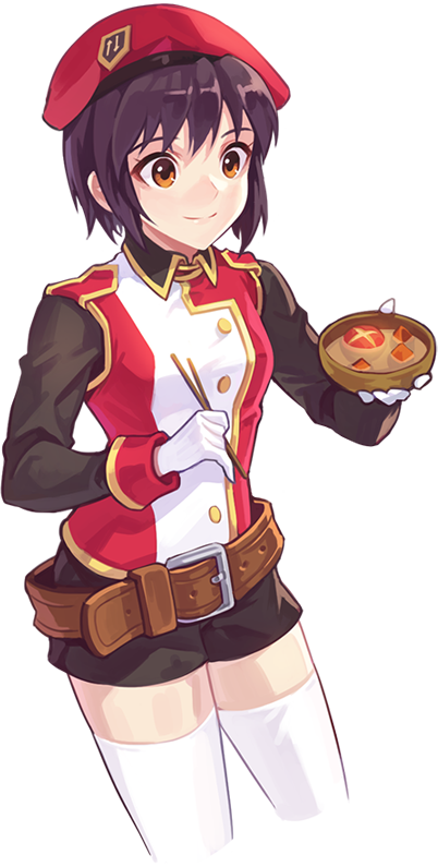ispin charles, nexon, tales weaver, artist request, official art, second-party source, 1girl, badge, belt, belt buckle, beret, black shirt, black shorts, black sleeves, bowl, breasts, brown belt, brown hair, buckle, buttons, chopsticks, closed mouth, collared shirt, cropped legs, food, gloves, gold buttons, hat, holding, holding bowl, holding chopsticks, jacket, large belt, legs apart, medium breasts, medium hair, military hat, military uniform, mushroom, plain epaulettes, red hat, red jacket, shiitake, shirt, shorts, simple background, sleeve cuffs, smile, solo, soup, split mouth, thighhighs, transparent background, white gloves, white jacket, white thighhighs, wing collar, yellow eyes, yellow trim