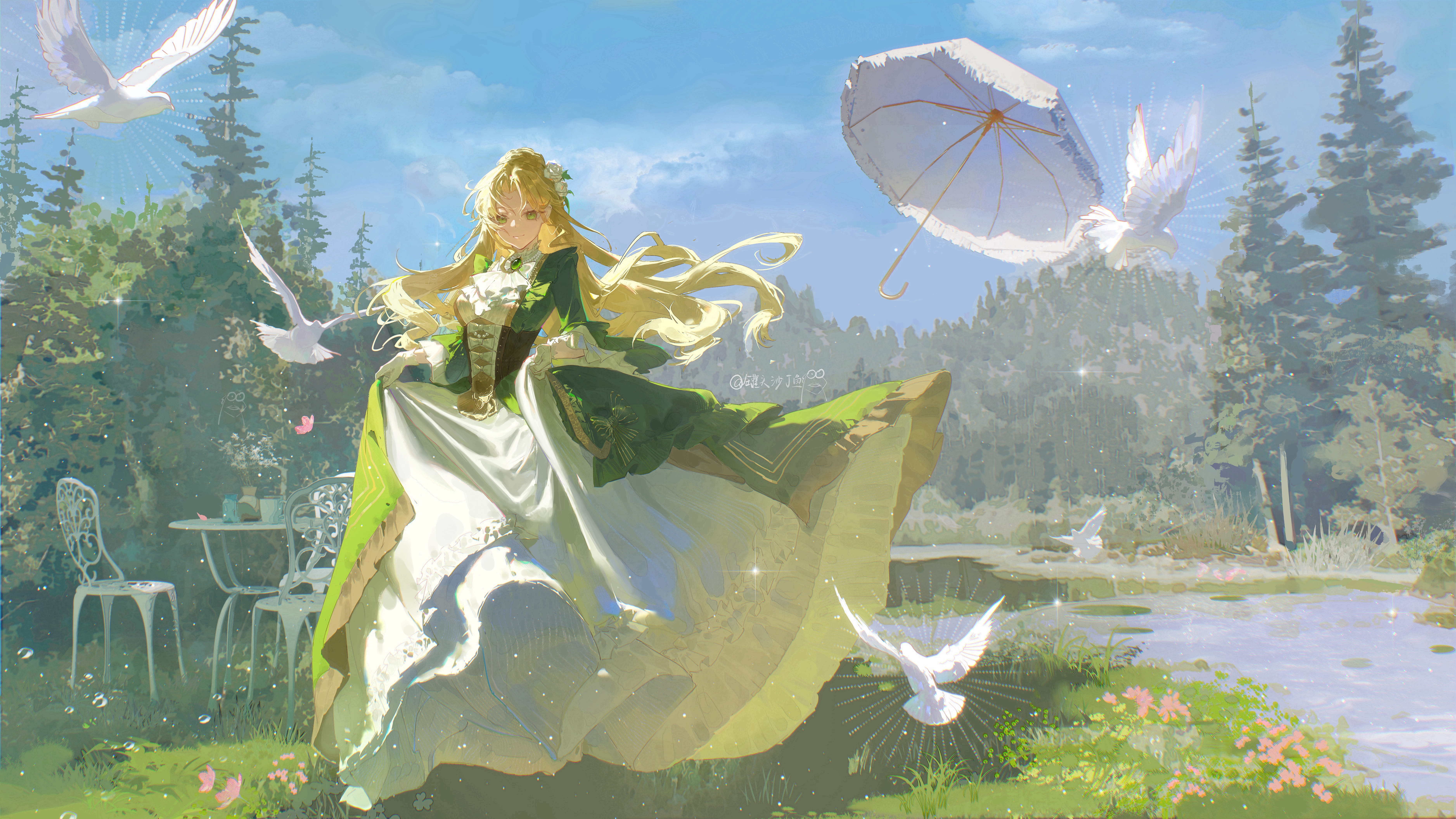 eiki-, audrey hall, lord of the mysteries, absurdres, commentary request, highres, 1girl, ascot, bird, blonde hair, blue sky, breasts, brooch, chair, closed mouth, corset, day, dress, fir tree, floating clothes, floating hair, frilled dress, frills, full body, gem, gloves, gown, grass, green dress, green eyes, green gemstone, jewelry, layered dress, long dress, long hair, long sleeves, looking at viewer, multicolored dress, necklace, outdoors, pearl necklace, sidelocks, sky, smile, solo, standing, table, tree, umbrella, white ascot, white bird, white dress, white gloves, white umbrella, wind