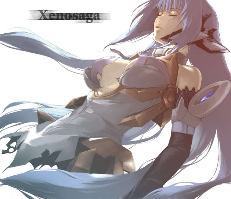 koma kiri aoko, kos-mos, kos-mos ver. 4, xenosaga, xenosaga episode iii, spoilers, 00s, 1girl, amputee, android, blue hair, breasts, closed eyes, copyright name, elbow gloves, female focus, gloves, long hair, robot ears, solo, very long hair