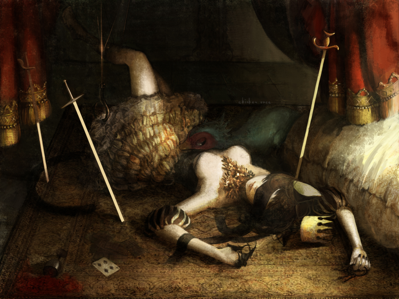 gu (goodnight), hari (pixiv), hari mono, original, bad id, bad pixiv id, 1girl, alcohol, bird, black hair, blindfold, breasts, card, carpet, chalice, cleavage, crown, cup, dress, duck, feathers, female focus, hat, hook, key, long hair, lying, playing card, skirt, solo, sword, weapon, wine
