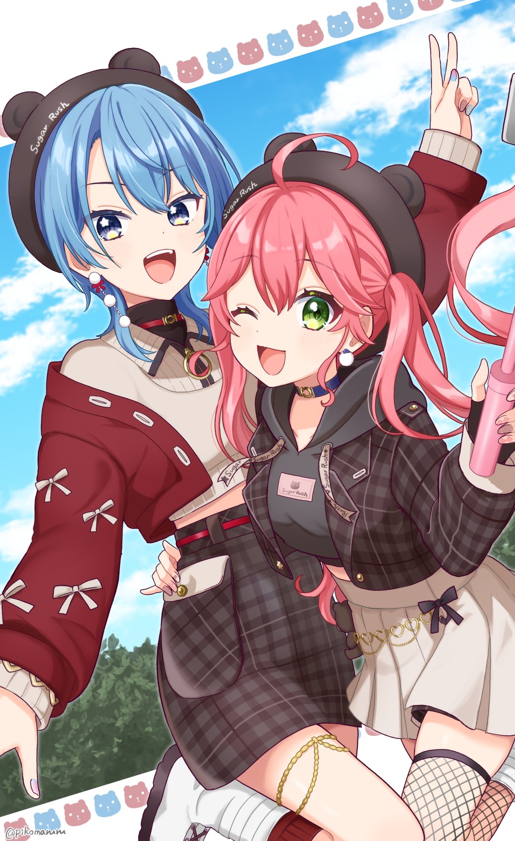 pina710, hoshimachi suisei, hoshimachi suisei (micomet), sakura miko, sakura miko (micomet), hololive, highres, 2girls, ahoge, blue eyes, blue hair, fishnet thighhighs, fishnets, green eyes, looking at viewer, multiple girls, official alternate costume, one eye closed, open mouth, pink hair, smile, star (symbol), star in eye, symbol in eye, teeth, thighhighs, upper teeth only, v, virtual youtuber