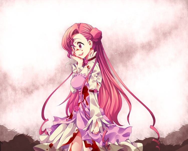 kiri futoshi, kiri tai, euphemia li britannia, code geass, bad id, bad pixiv id, 00s, blood, dress, geass, long hair, long sleeves, pink hair, purple eyes, smile, tears, very long hair