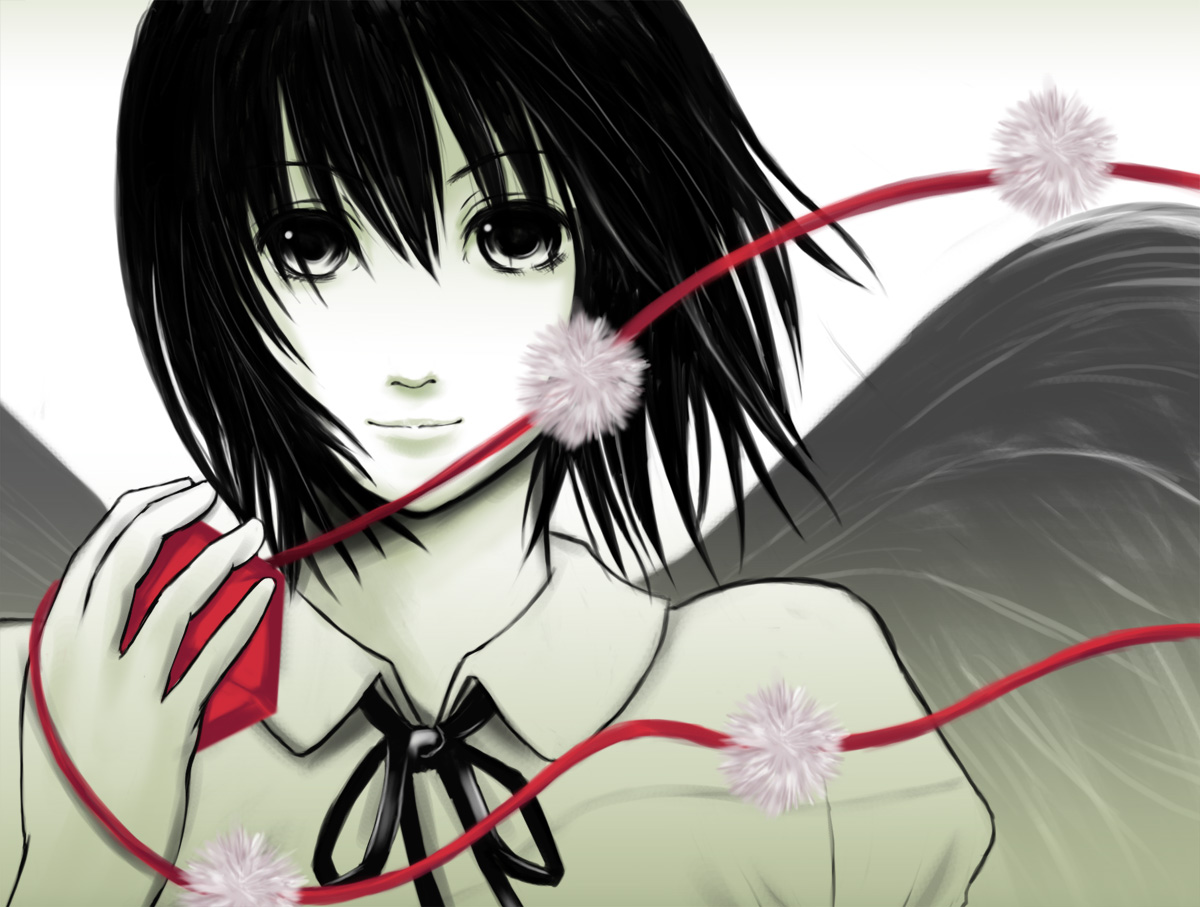 sg (esujii), shin (gpz1100s), shameimaru aya, touhou, bad id, bad pixiv id, 1girl, black eyes, black hair, black wings, female focus, hat, looking at viewer, ribbon, short hair, smile, solo, wind, wings